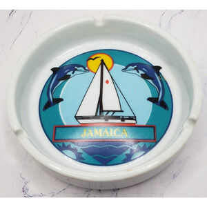 Jamaica White 5 Inch Souvenir Ashtray Water Sailboat Dolphins